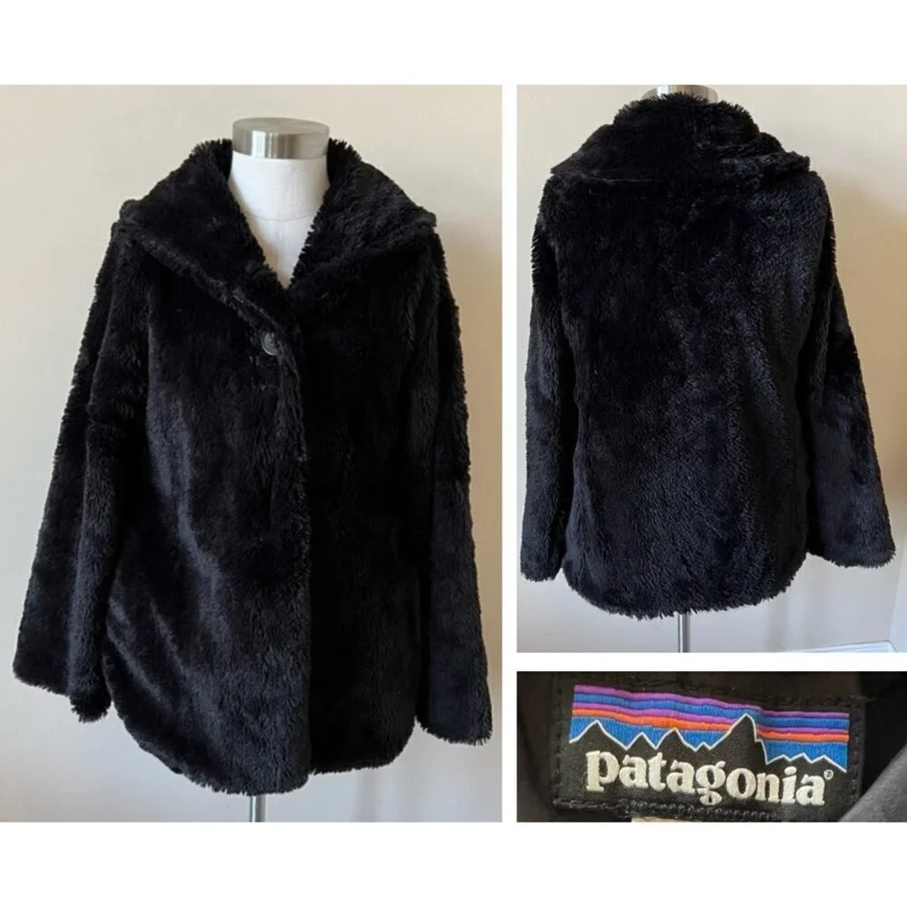 Patagonia Girls Vegan Faux Fur Coat Jacket Black 26119